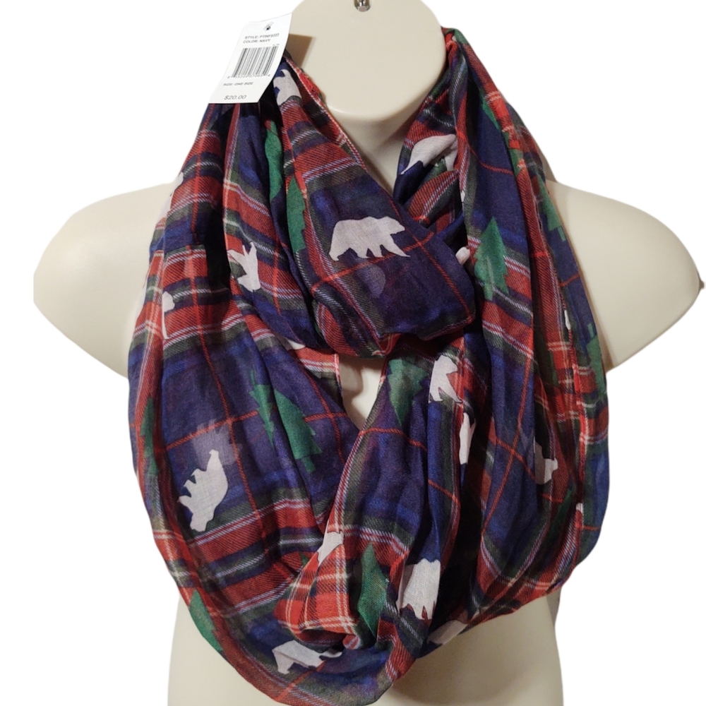NWT Christmas Winter Bear Plaid Infinity Loop Scarf